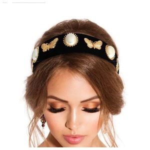 Black Fabric Covered Headband Embellished with Pearls
